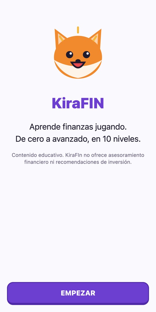 Pantalla de bienvenida de KiraFIn