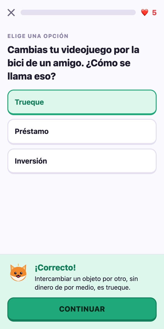 Pantalla de acierto tras responder