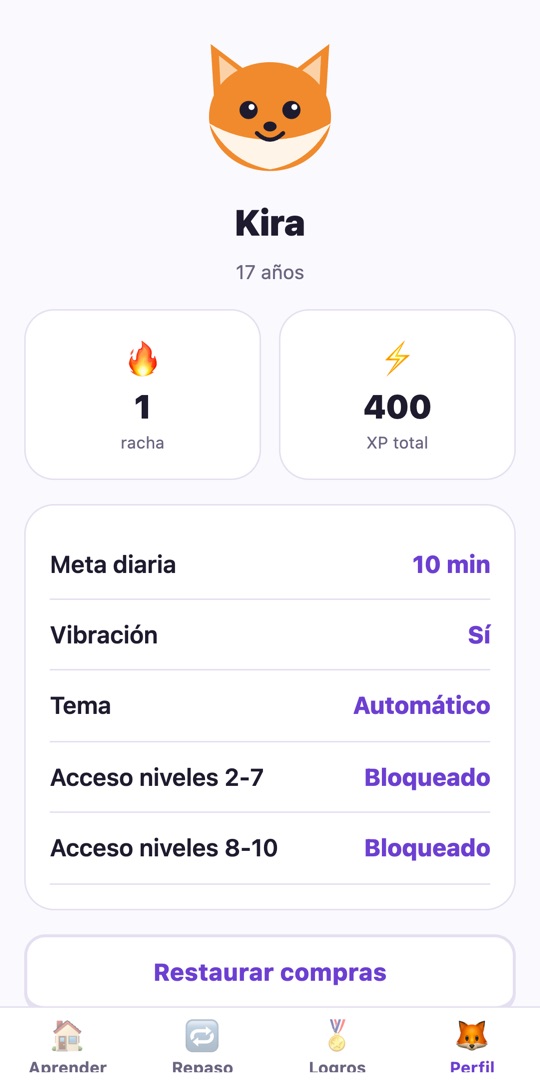 Perfil con rachas y progreso